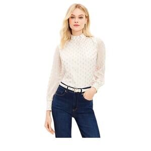 NWT Loft White and Gold Metallic Petite Ruffle Smocked Lined Sheer Blouse-Medium